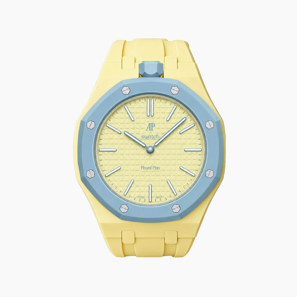 Blaue Acht Swatch × AP Royal Pop Rubber Case-Strap — lime green with a light-blue bezel kit with the Royal Pop head seated in the case, by IFL Watches
