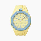 Blaue Acht Swatch × AP Royal Pop Rubber Case-Strap — lime green with a light-blue bezel kit with the Royal Pop head seated in the case, by IFL Watches
