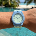 Blaue Acht Swatch × AP Royal Pop Rubber Case-Strap — worn by the pool, by IFL Watches