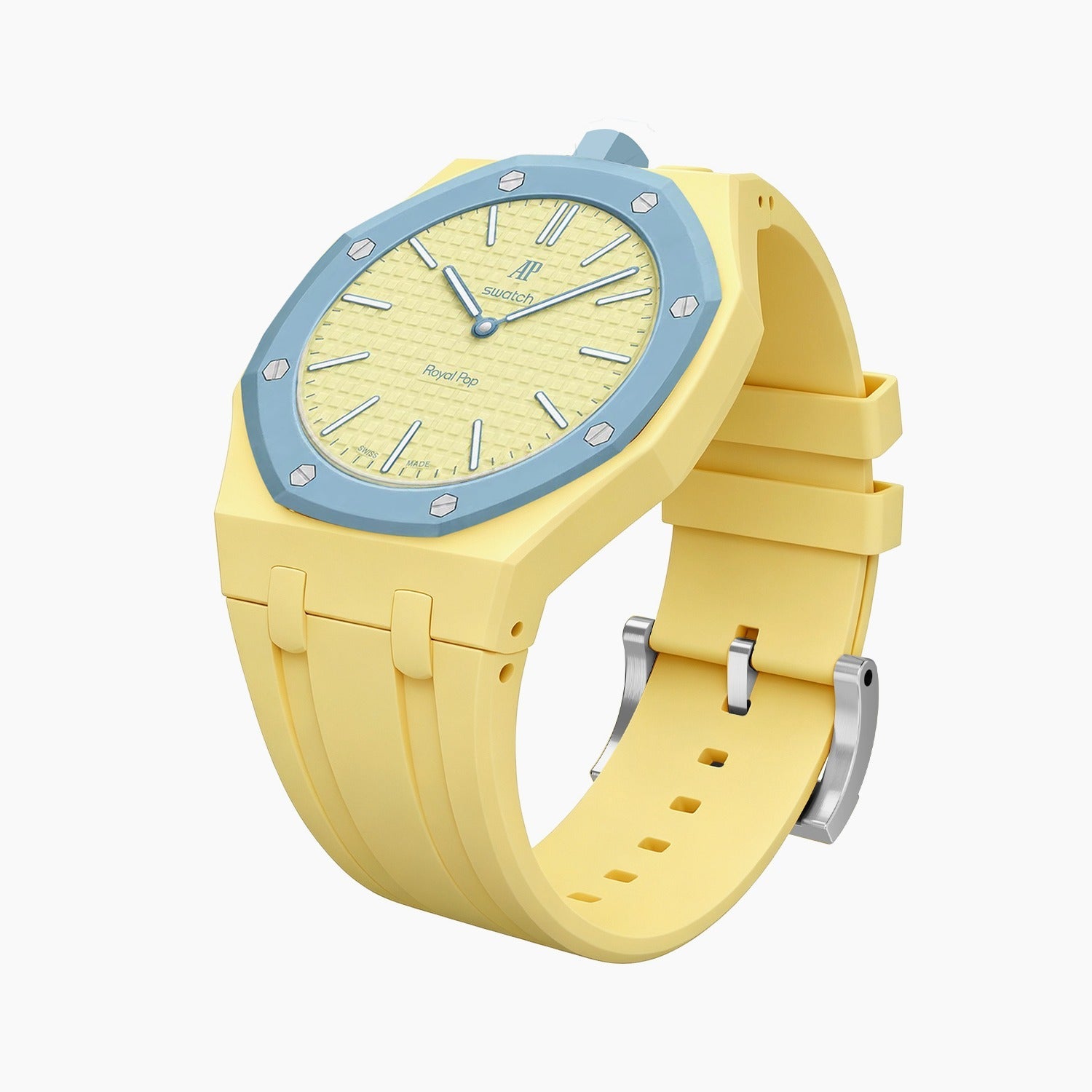 Blaue Acht Swatch × AP Royal Pop Rubber Case-Strap — the Royal Pop Blaue Acht seated in our rubber kit, three-quarter view, by IFL Watches