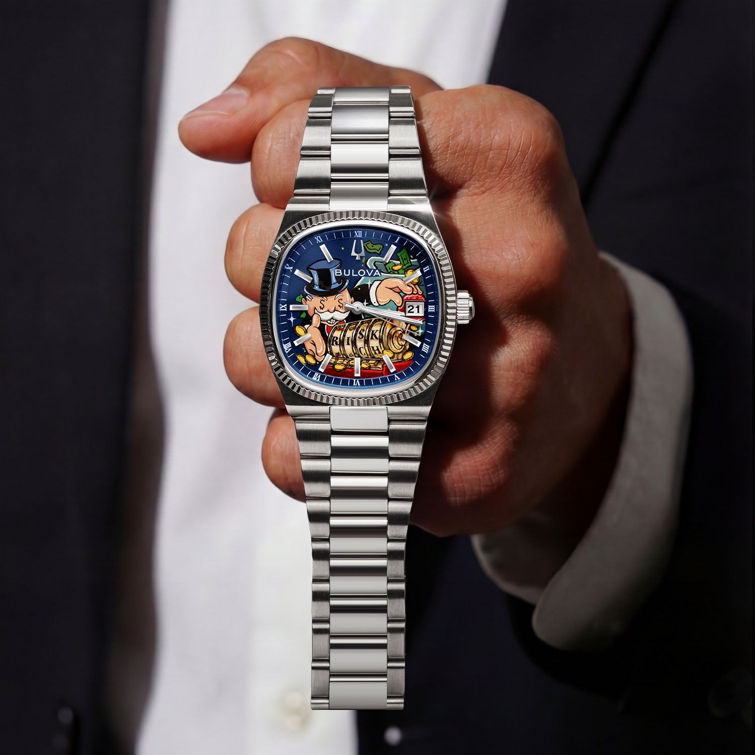 Bulova Super Seville Risky Riches – Hand-painted dial with colorful artwork on wrist with formal attire, limited edition customized watch by IFL Watches