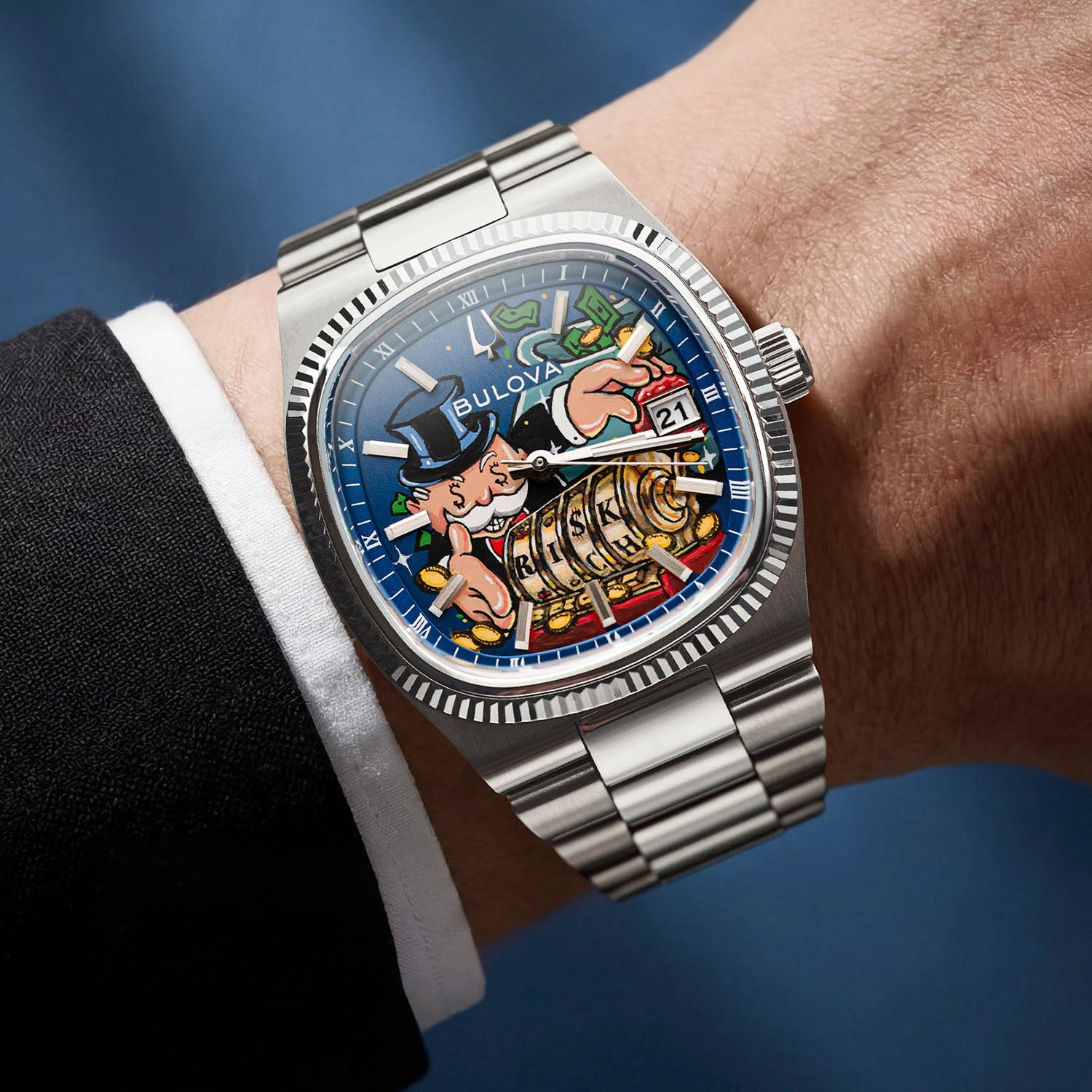 Bulova Super Seville Risky Riches – Hand-painted custom dial featuring vibrant artwork with flying bills and golden coins, limited edition bespoke timepiece by IFL Watches