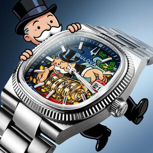 Bulova Super Seville Risky Riches – Hand-painted custom dial featuring vibrant artwork with flying bills and golden coins, limited edition bespoke timepiece by IFL Watches