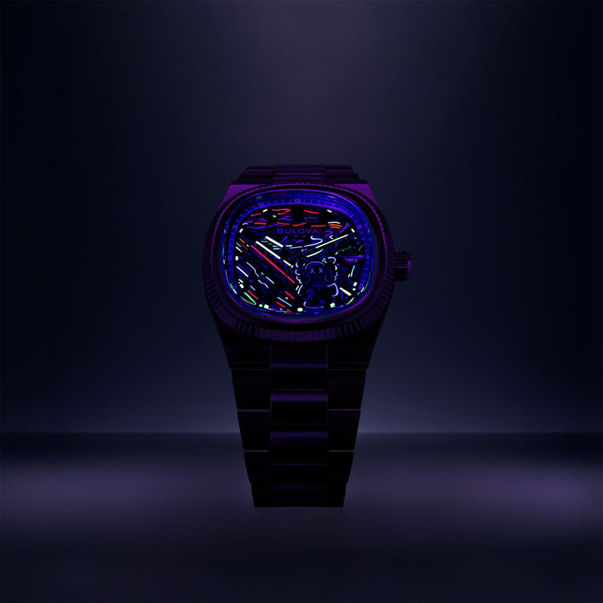 Bulova Super Seville Scream — Standing upright in a darkened studio under UV light, the neon strokes and the figure's outline glowing across the dial, limited edition timepiece by IFL Watches