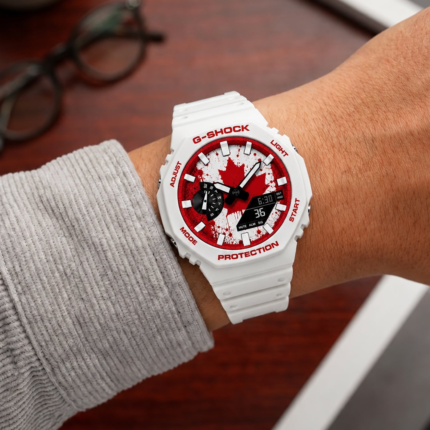 Casio G-Shock Canada flag watch worn on the wrist, by IFL Watches