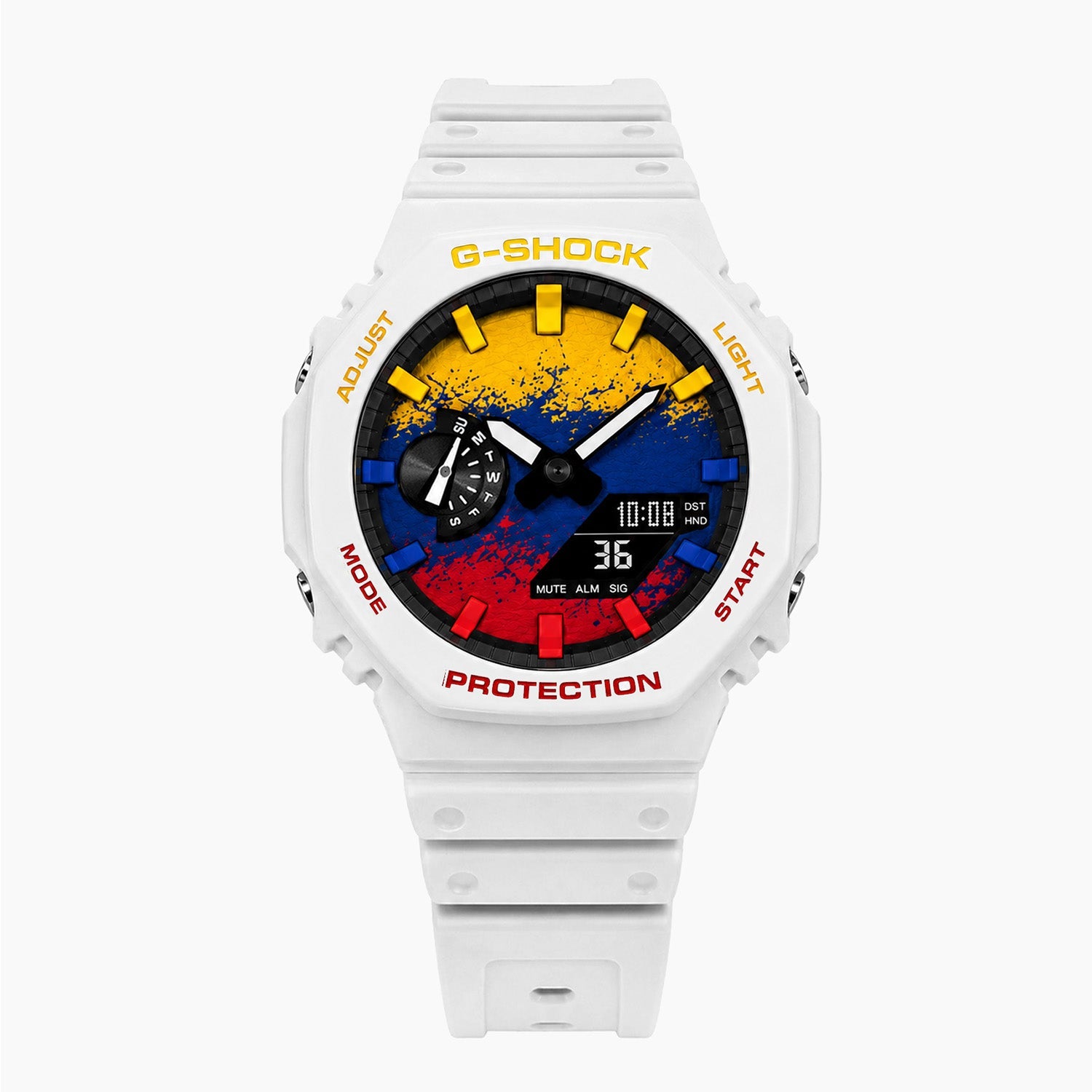 Casio G-Shock Colombia — white custom G-Shock with the Colombia flag dial, by IFL Watches