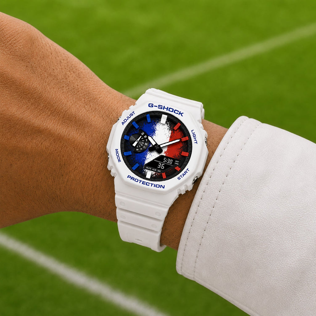Casio G-Shock France flag watch worn on the wrist, by IFL Watches