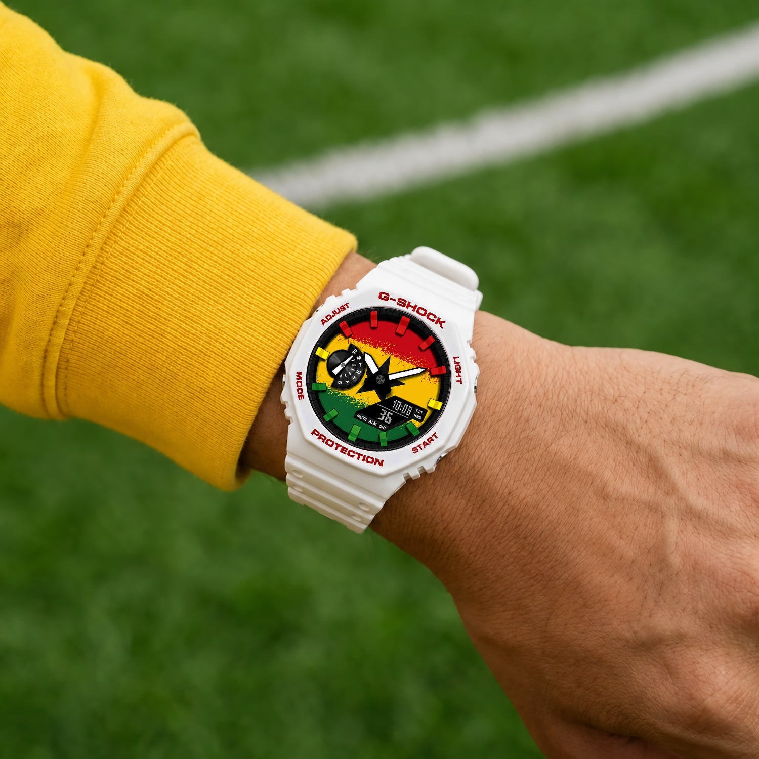Casio G-Shock Ghana flag watch worn on the wrist, by IFL Watches