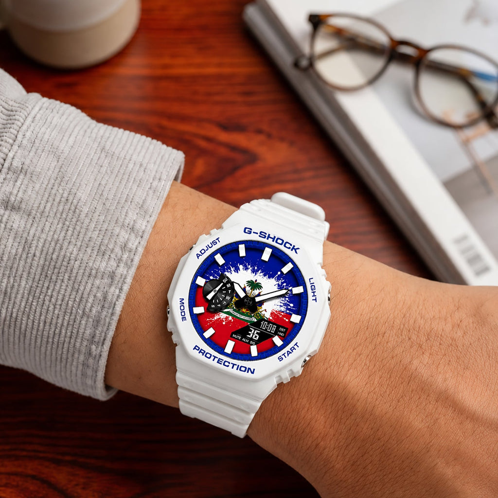 Custom Haiti flag Casio G-Shock on the wrist, by IFL Watches