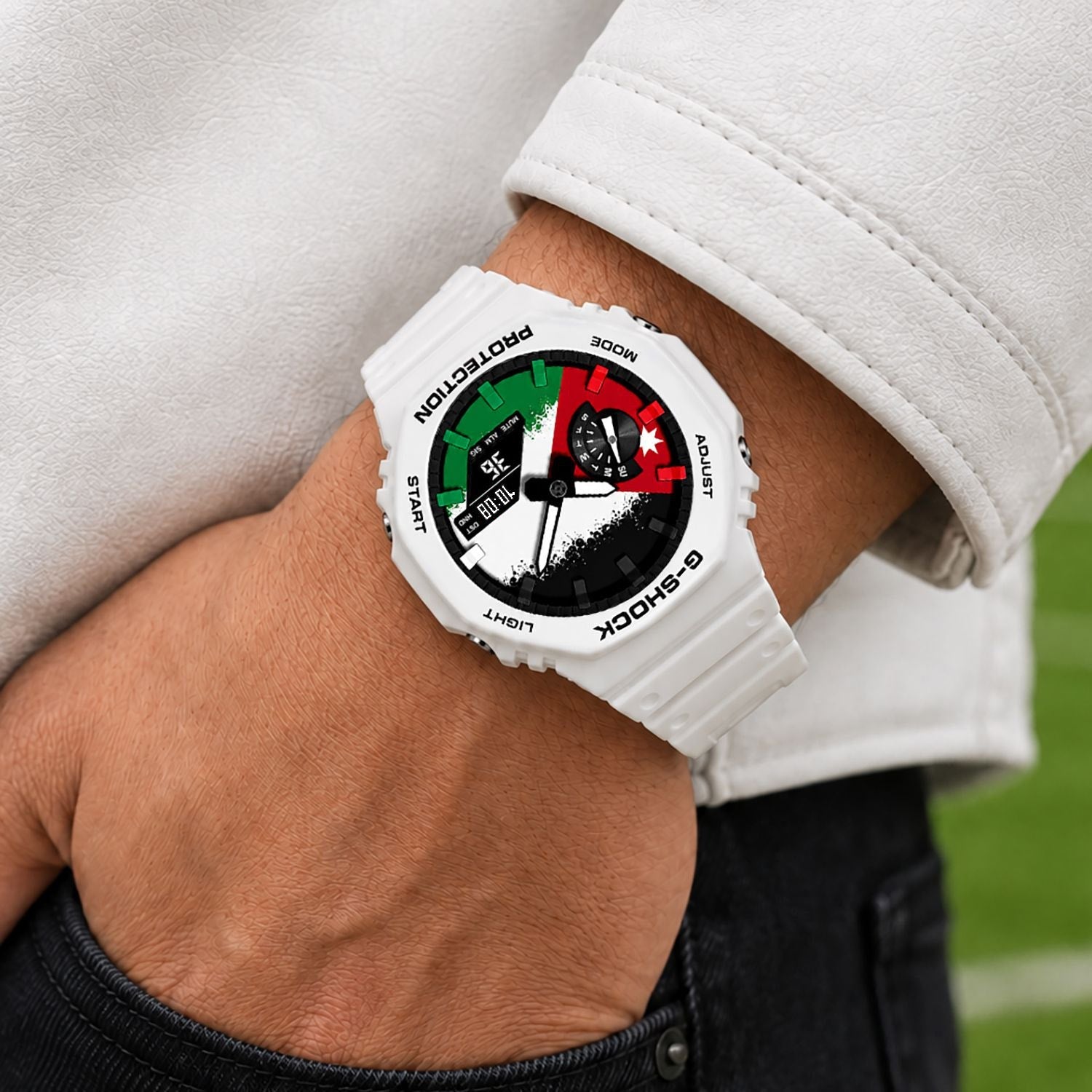 Casio G-Shock Jordan flag watch worn on the wrist, by IFL Watches