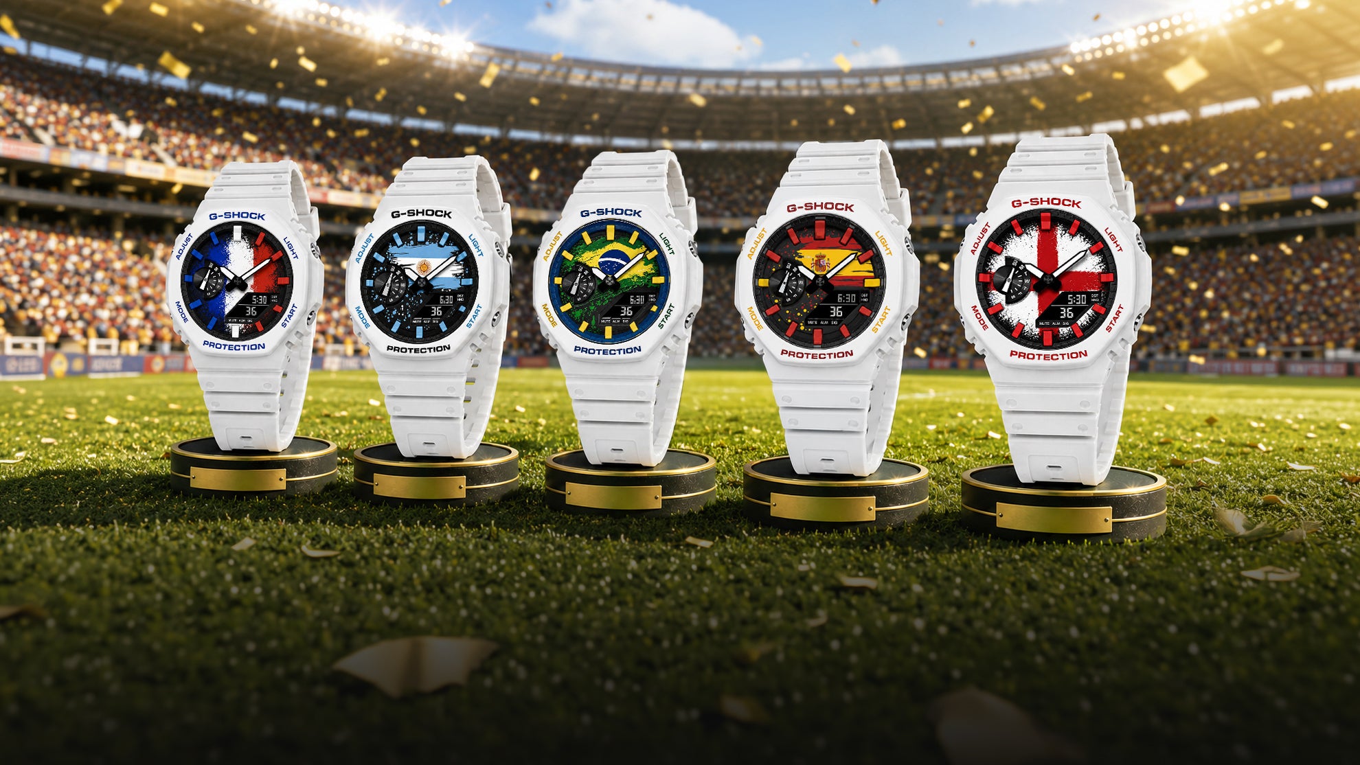 Five custom Casio G-Shock watches with different national flag dials lined up side by side, The Nations Series by IFL Watches