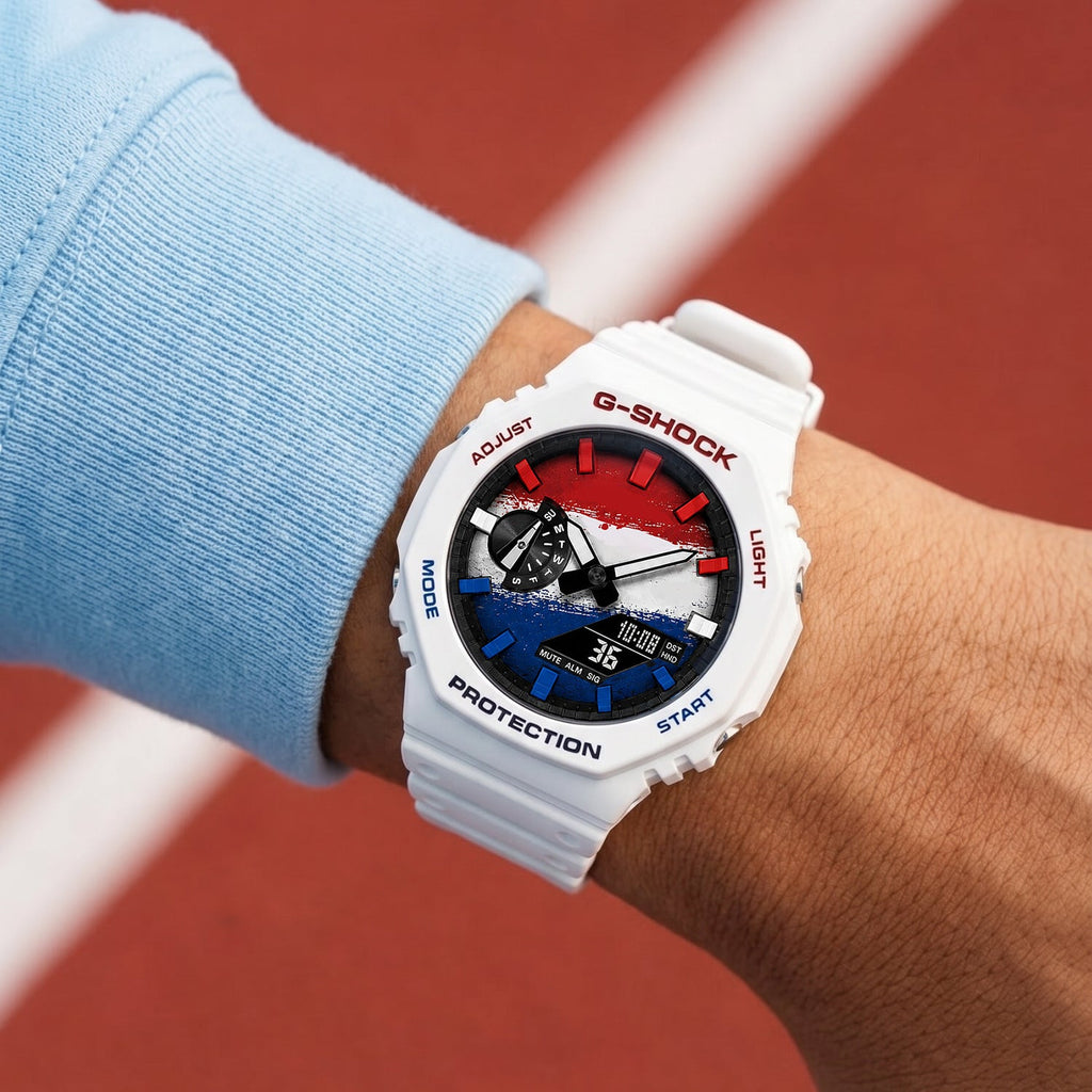 Casio G-Shock Netherlands flag watch worn on the wrist, by IFL Watches