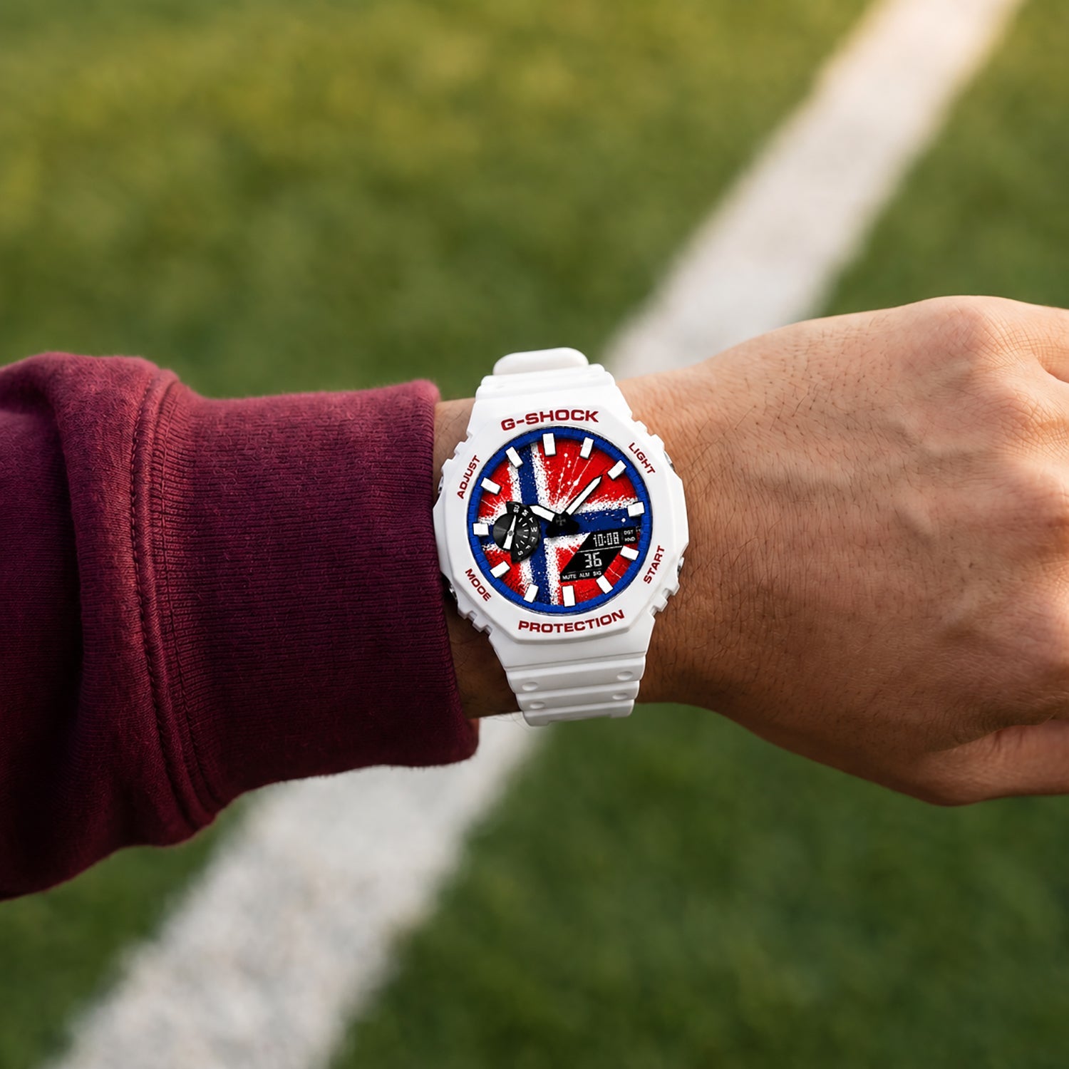 Casio G-Shock Norway flag watch worn on the wrist, by IFL Watches