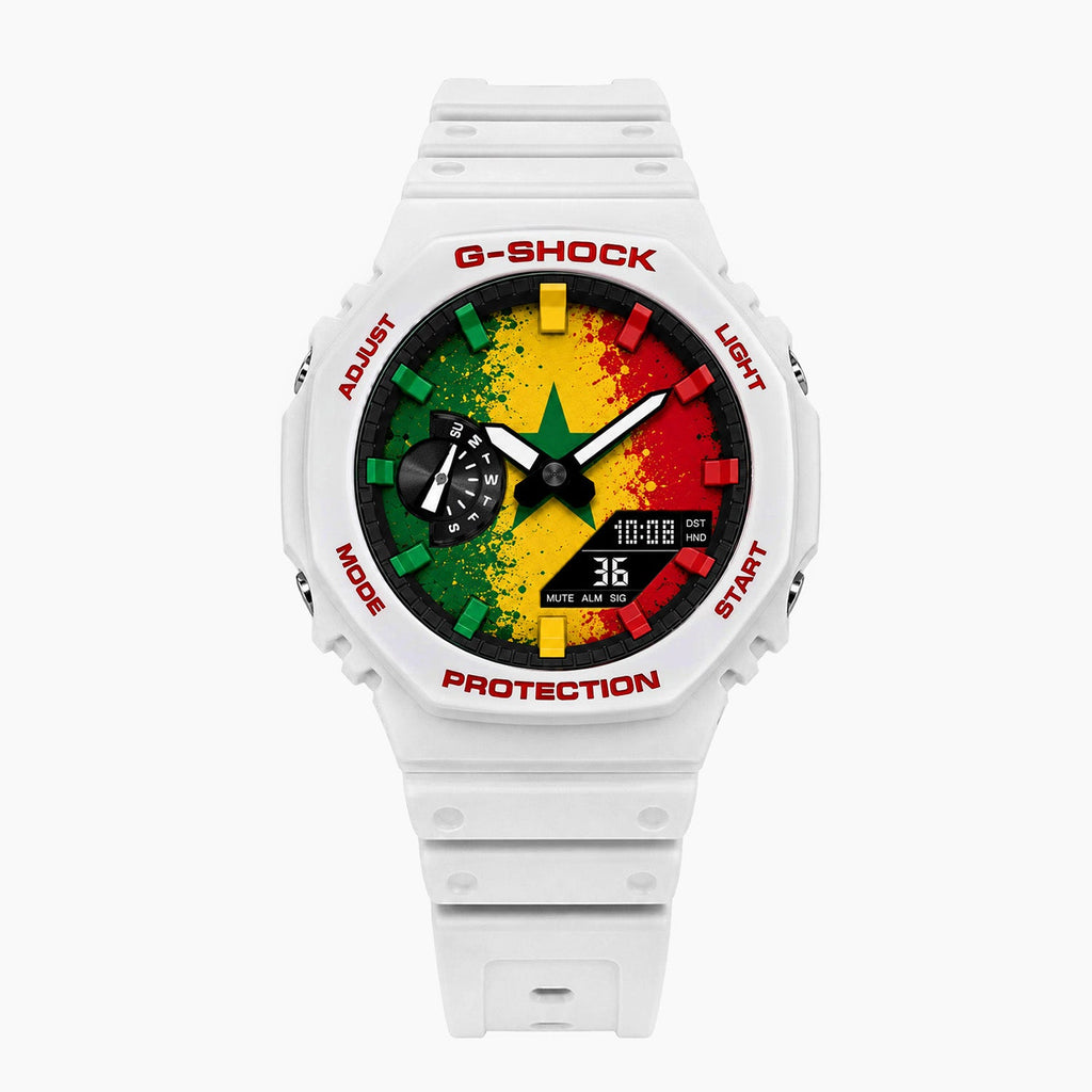 Casio G-Shock Senegal — white custom G-Shock with the Senegal flag dial, by IFL Watches