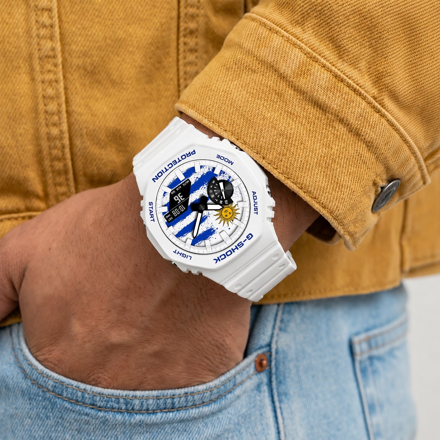 Custom Uruguay flag Casio G-Shock on the wrist, by IFL Watches