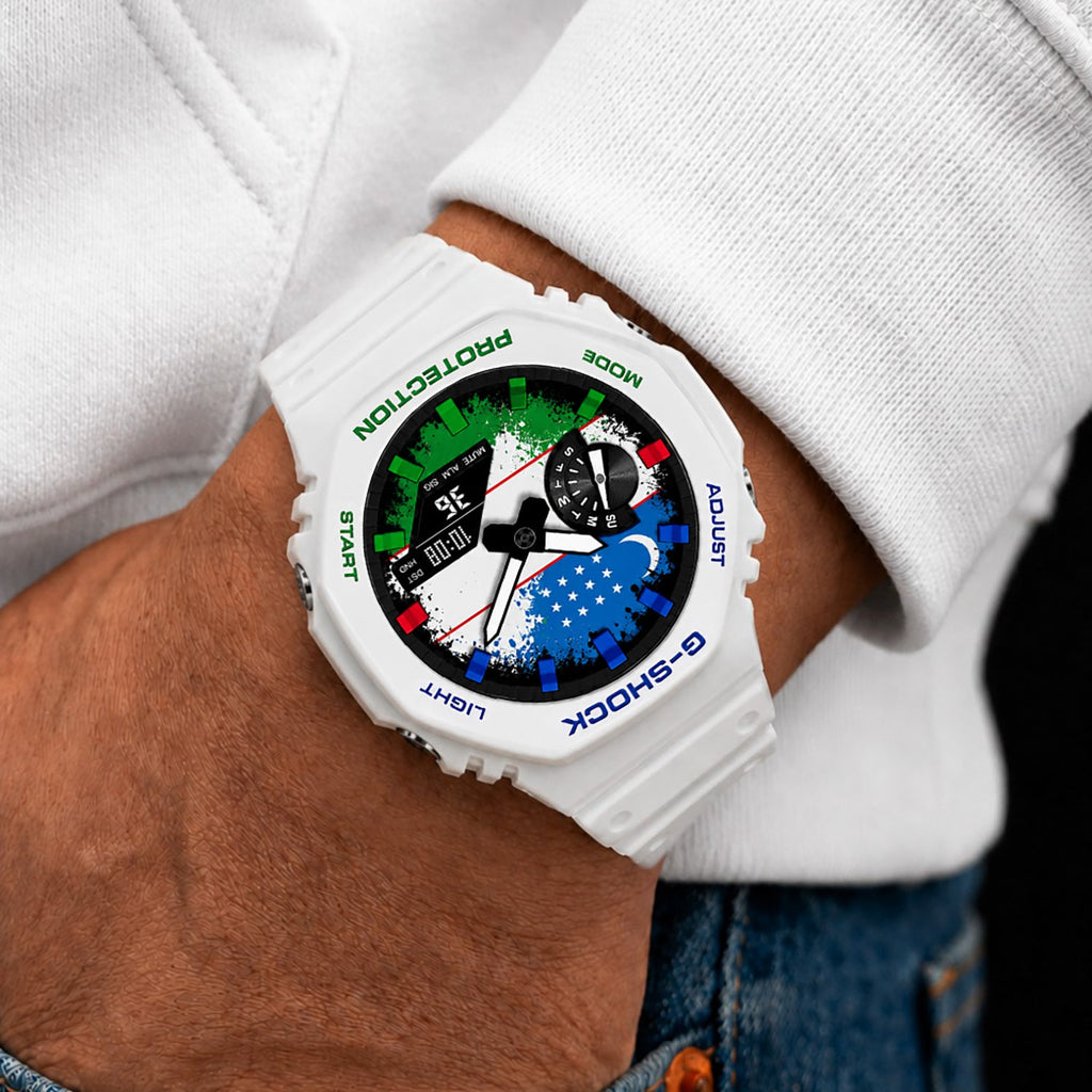 Custom Uzbekistan flag Casio G-Shock on the wrist, by IFL Watches