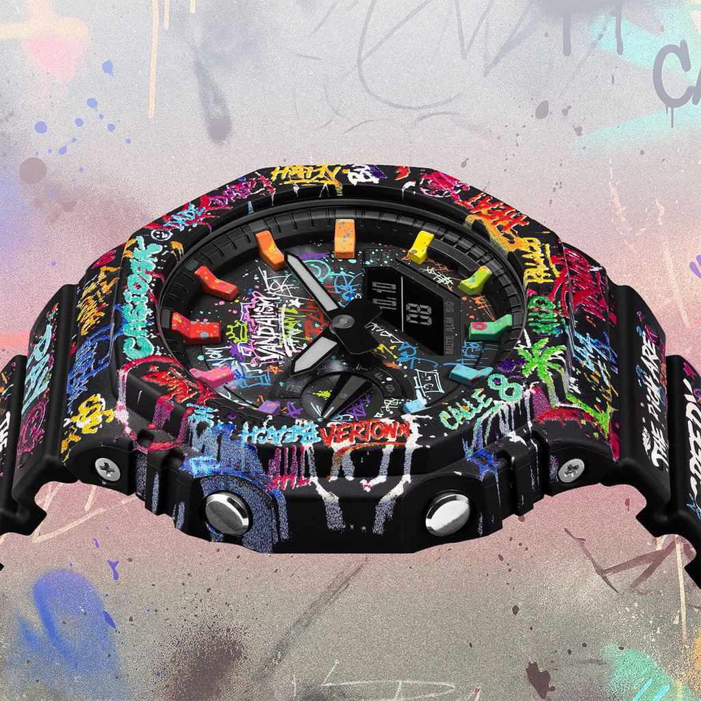 Casio G-Shock Vandalism — Close-up of the hand-painted dial showing the crown and the VANDALISM tag, custom limited edition by IFL Watches