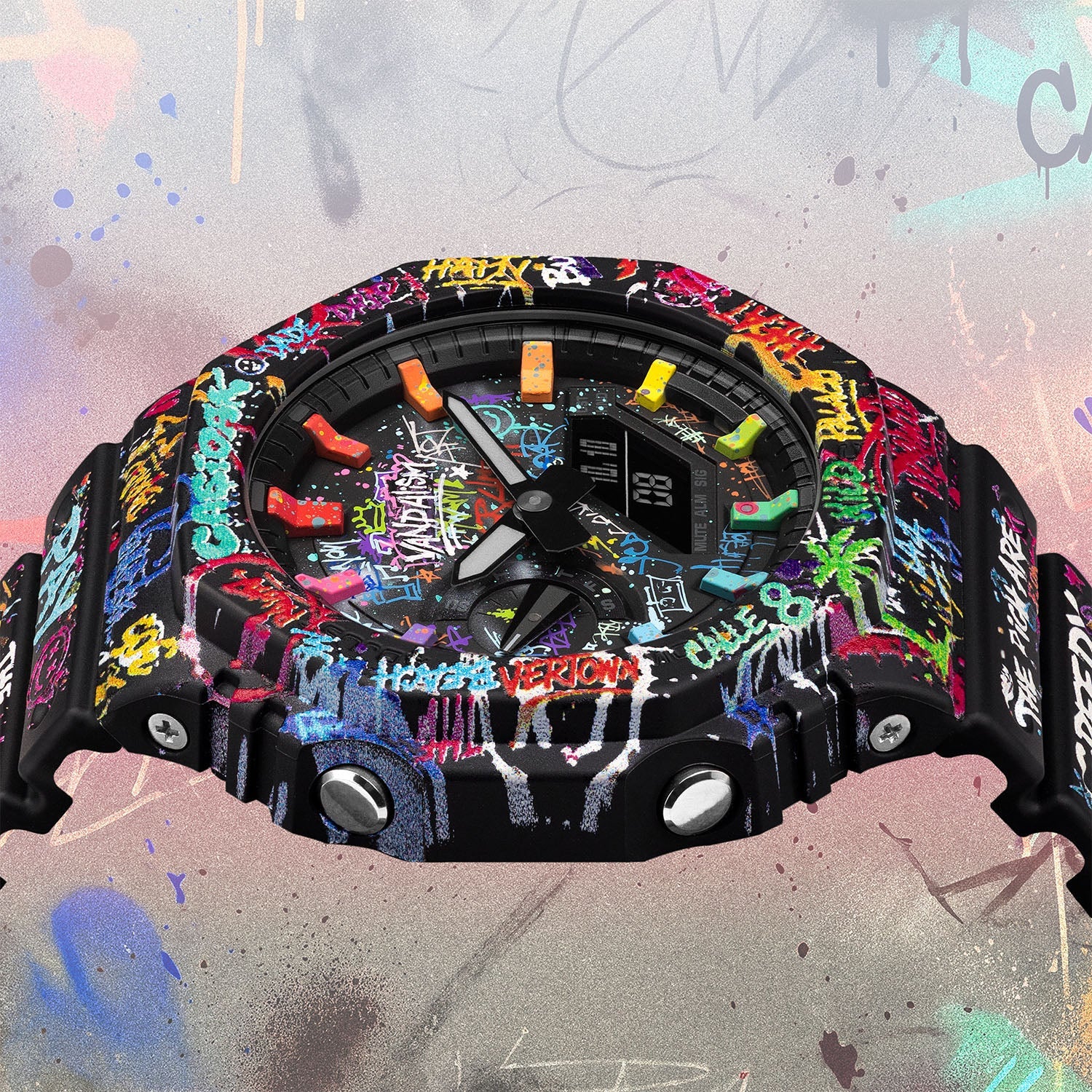 Casio G-Shock Vandalism — Close-up of the hand-painted dial showing the crown and the VANDALISM tag, custom limited edition by IFL Watches