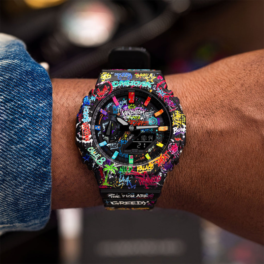 Casio G-Shock Vandalism — Graffiti-covered Casio G-Shock worn on the wrist, custom limited edition by IFL Watches