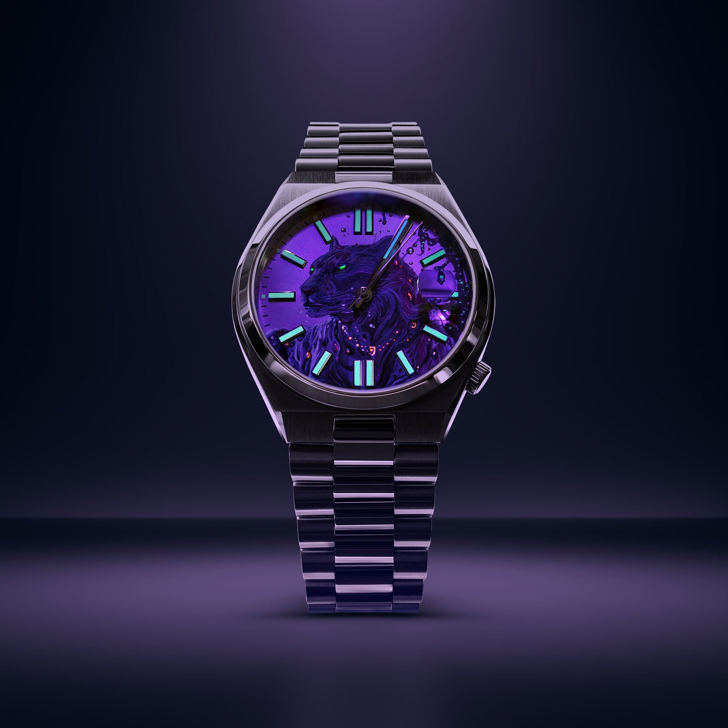 La Féline Concept – Hand-painted custom Citizen Tsuyosa 37mm with UV-reactive panther artwork, a bespoke timepiece by IFL Watches