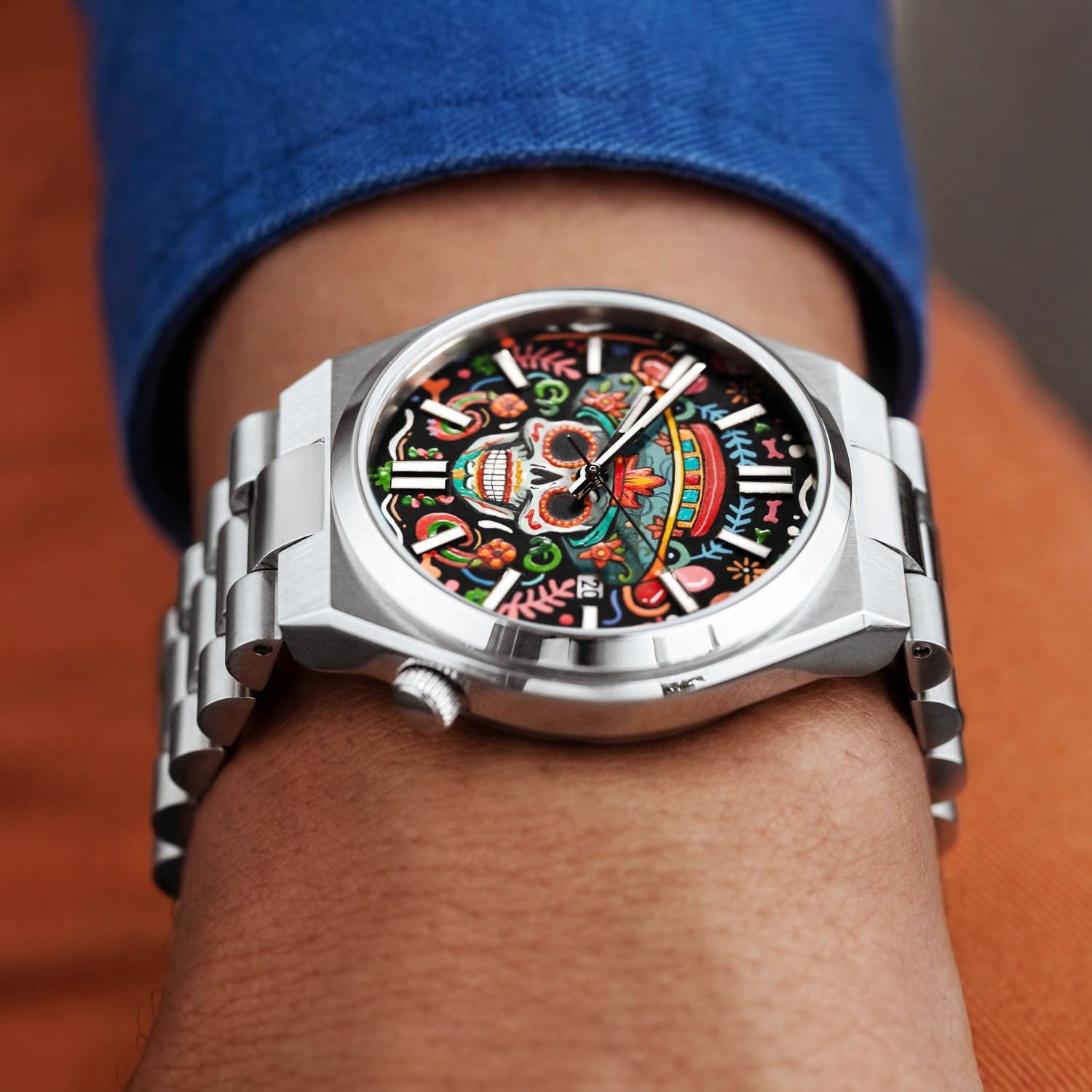  Citizen Tsuyosa Calavera Nocturna — Hand-painted custom dial with sugar skull and ornamental swirls on cushion-shaped case, limited edition by IFL Watches