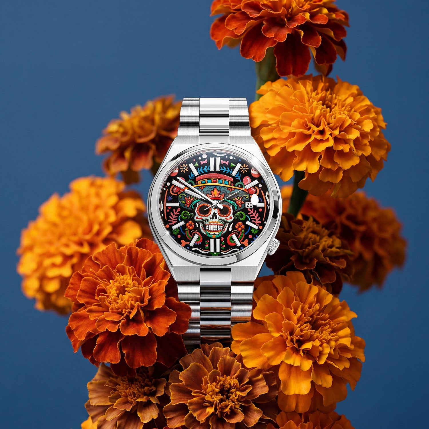 Citizen Tsuyosa Calavera Nocturna – Hand-painted custom Día de los Muertos sugar skull dial on 40mm stainless steel case, limited edition by IFL Watches