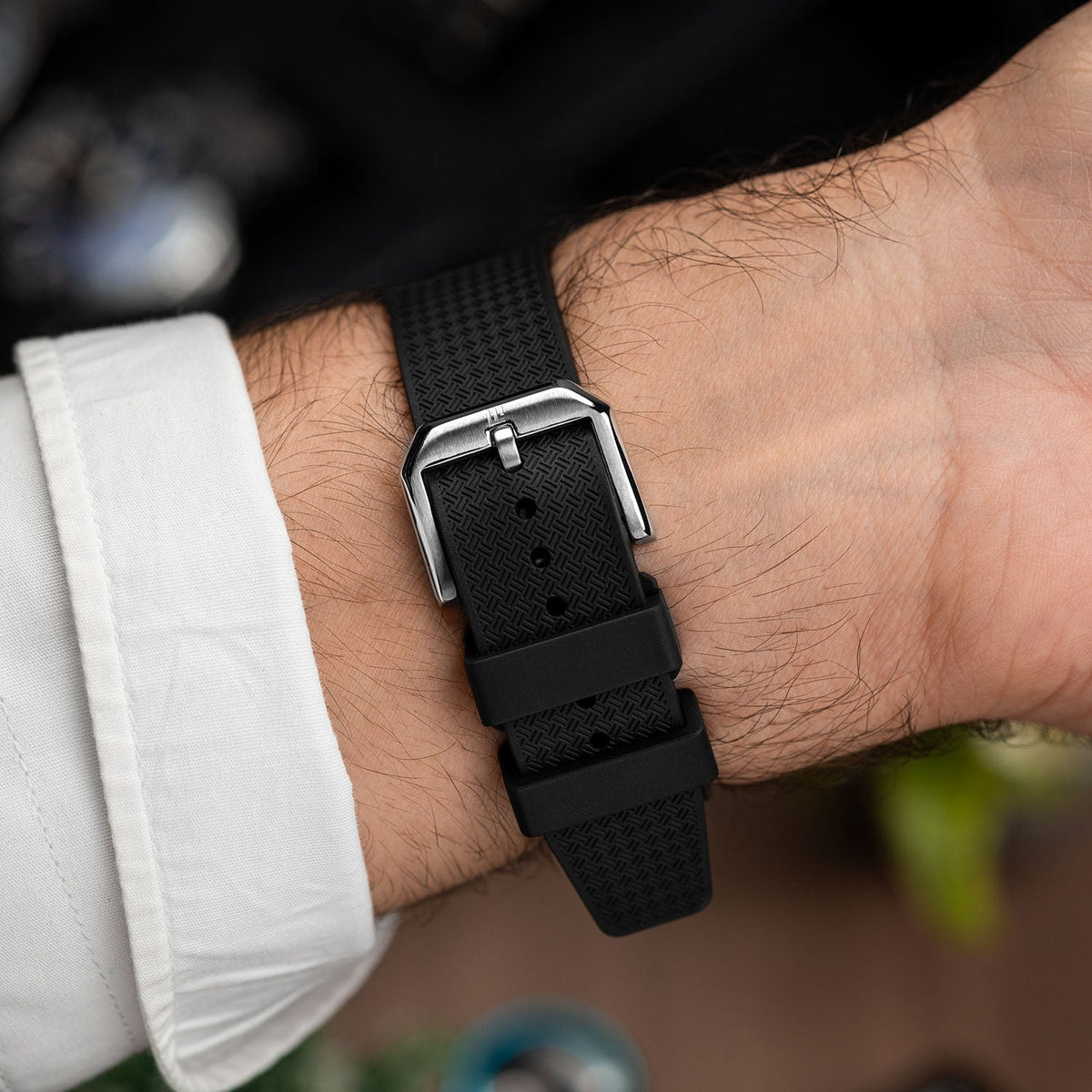 Citizen Tsuyosa Strap – Black FKM strap detail showing the pin buckle on the wrist
