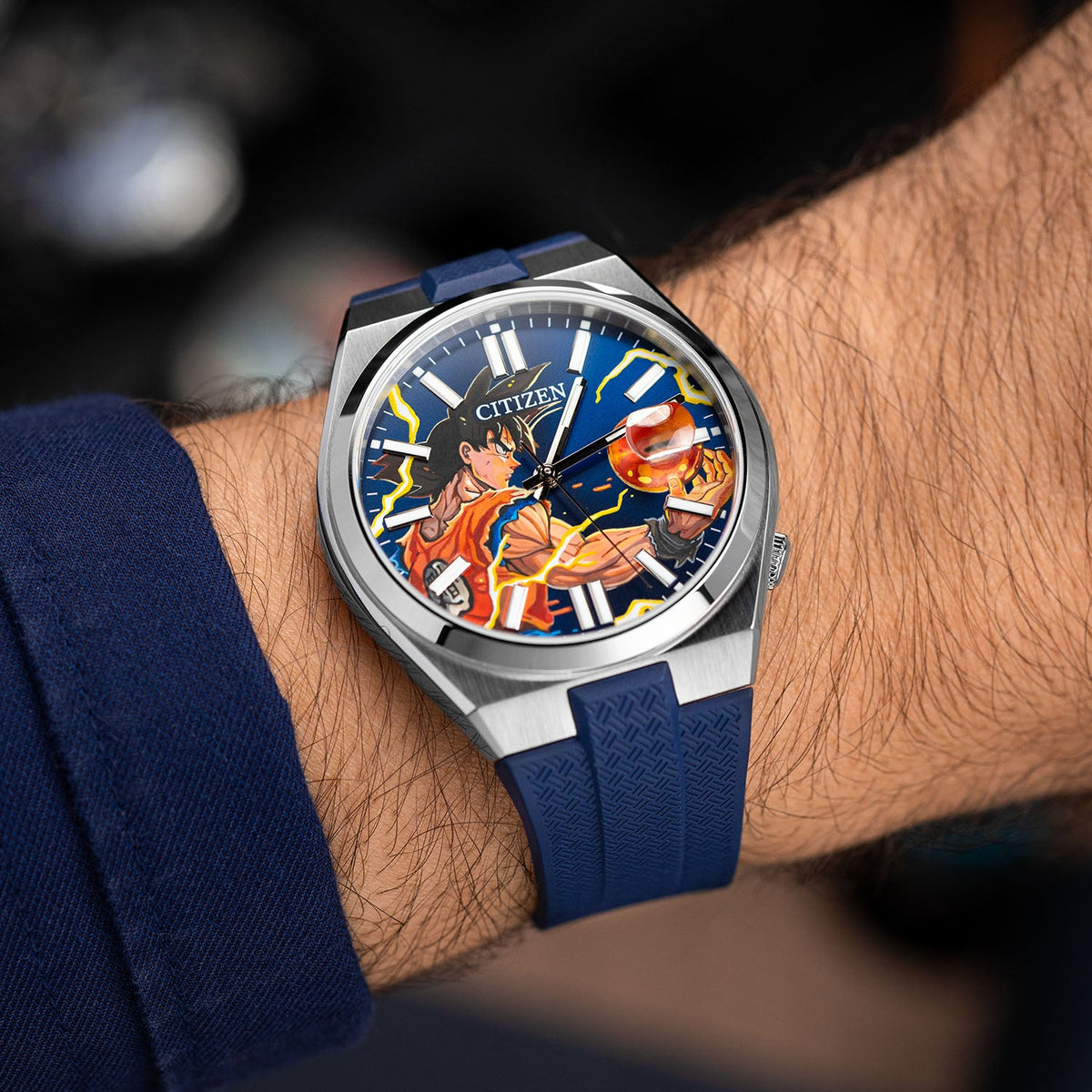 Citizen Tsuyosa Strap – Blue FKM strap shown at an angle on the wrist with a hand-painted Citizen Tsuyosa by IFL Watches