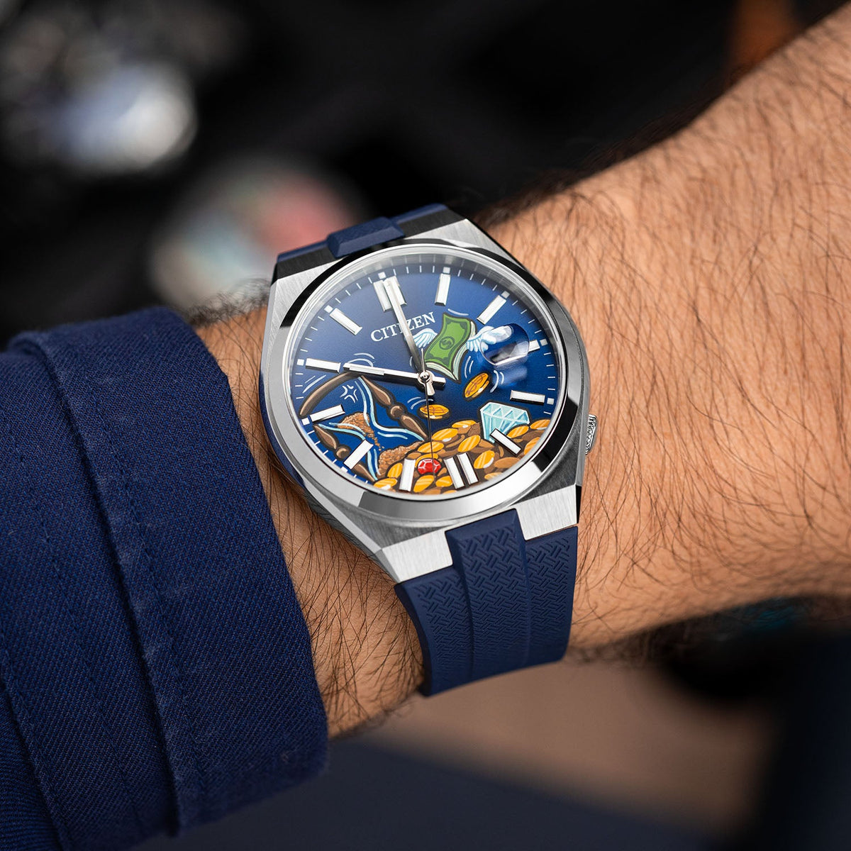 Citizen Tsuyosa Strap – Blue FKM strap shown at an angle on the wrist with the hand-painted Time Is Money Concept by IFL Watches