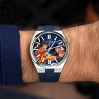 Citizen Tsuyosa Strap – Blue FKM strap worn on the wrist with a hand-painted Citizen Tsuyosa by IFL Watches