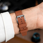 Citizen Tsuyosa Strap – Brown FKM strap detail showing the pin buckle on the wrist