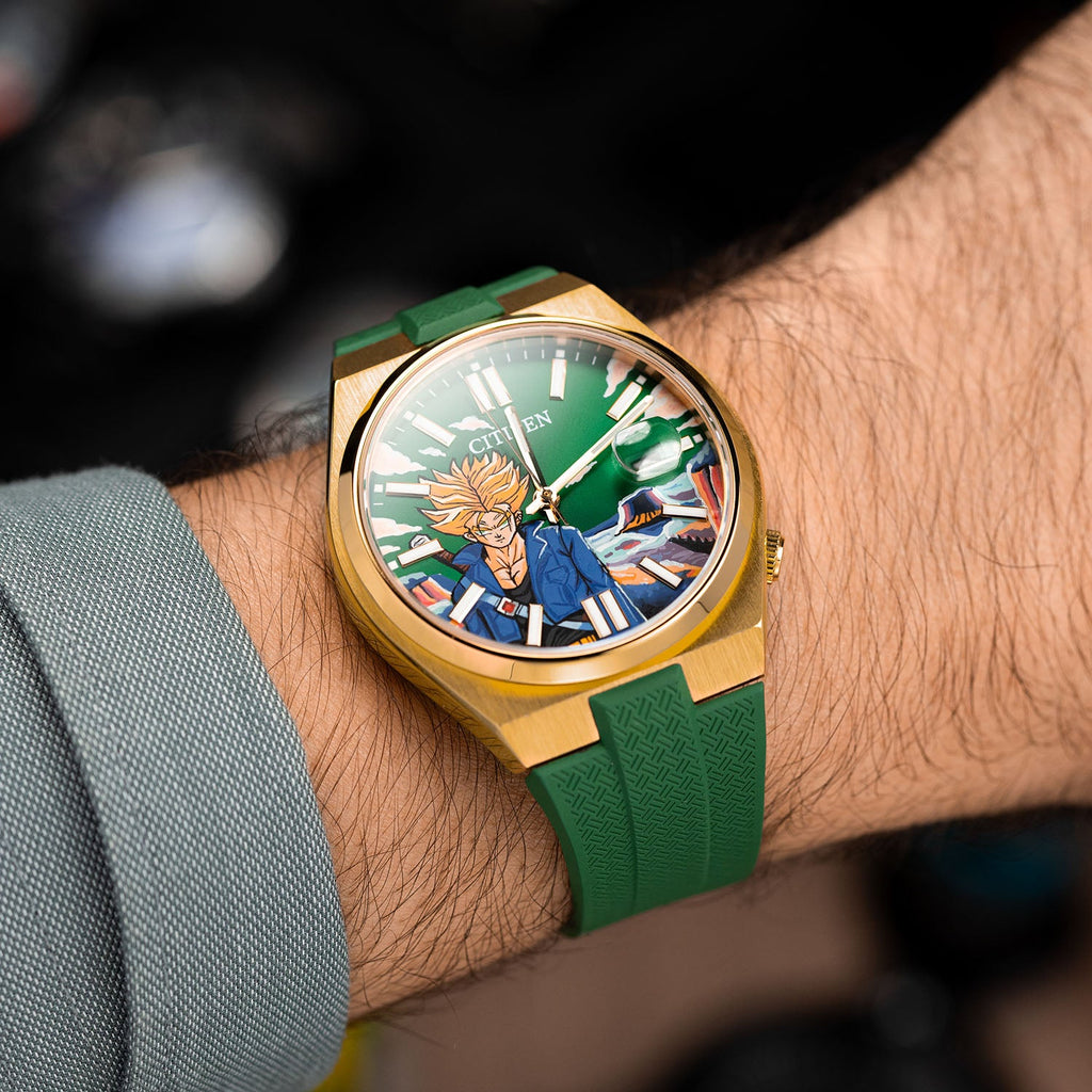 Citizen Tsuyosa Strap – Green FKM strap shown at an angle on the wrist with the hand-painted Future Fury Concept by IFL Watches