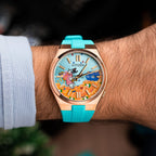 Citizen Tsuyosa Strap – Tiffany FKM strap worn on the wrist with the hand-painted Citizen Tsuyosa Dive in Time by IFL Watches