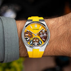 Citizen Tsuyosa Strap – Yellow FKM strap worn on the wrist with the hand-painted Wise Guys Concept by IFL Watches