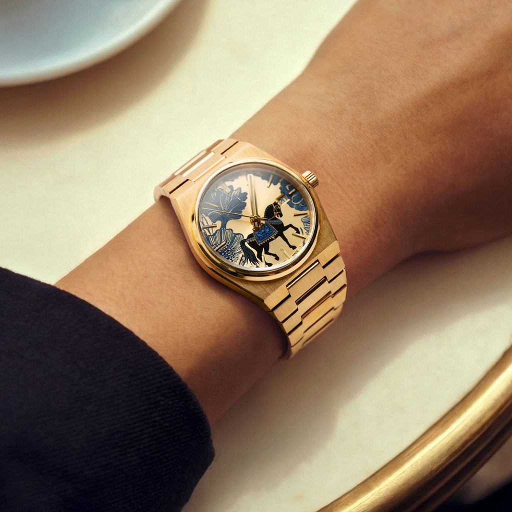 Equestrian Concept – Hand-painted bespoke timepiece featuring equestrian artwork on gold PVD-coated case