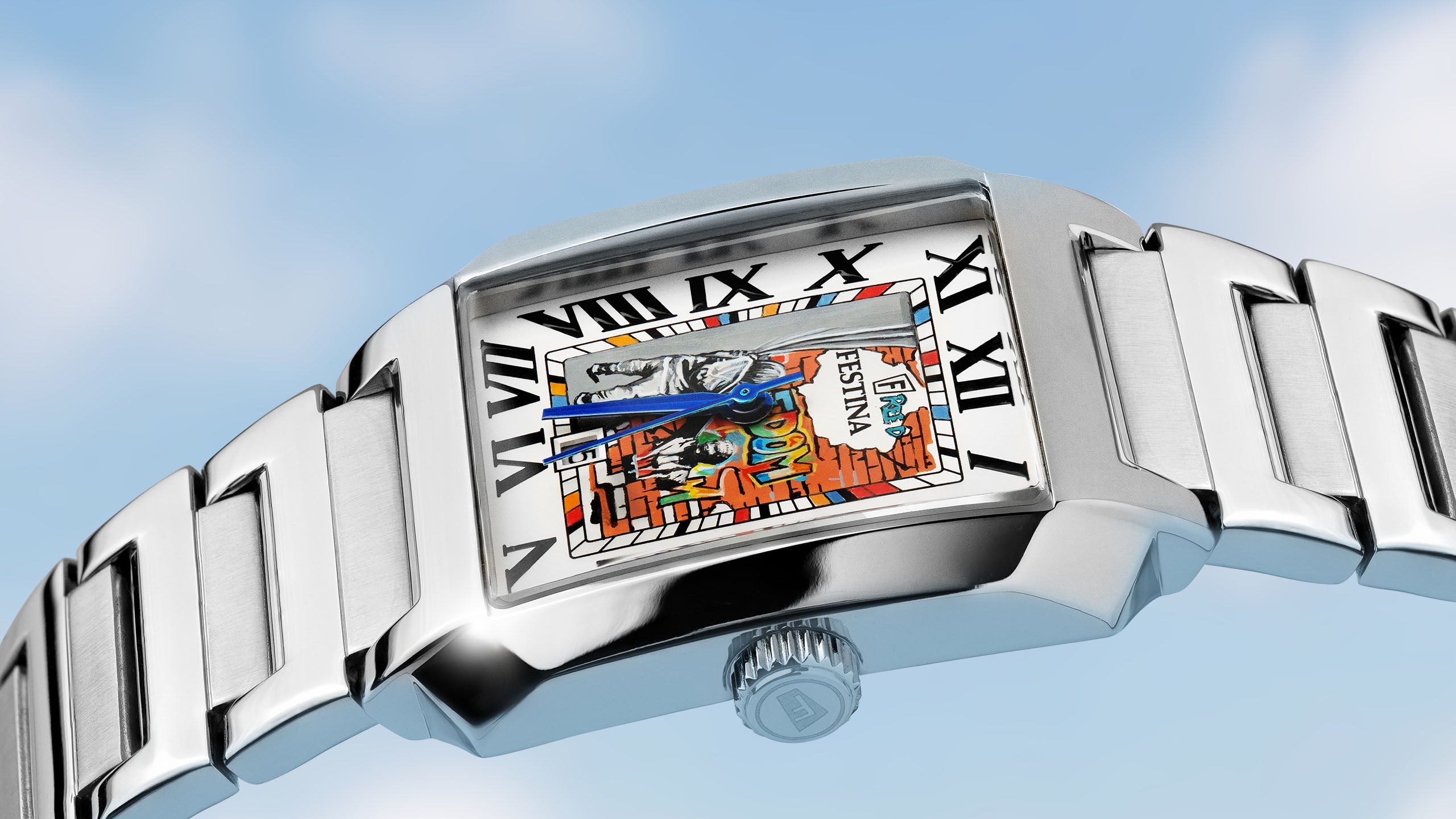 Festina Freedom Limited Edition with a hand-painted street-art dial, blued hands, and Roman numerals on a rectangular stainless-steel case with an integrated bracelet, by IFL Watches.