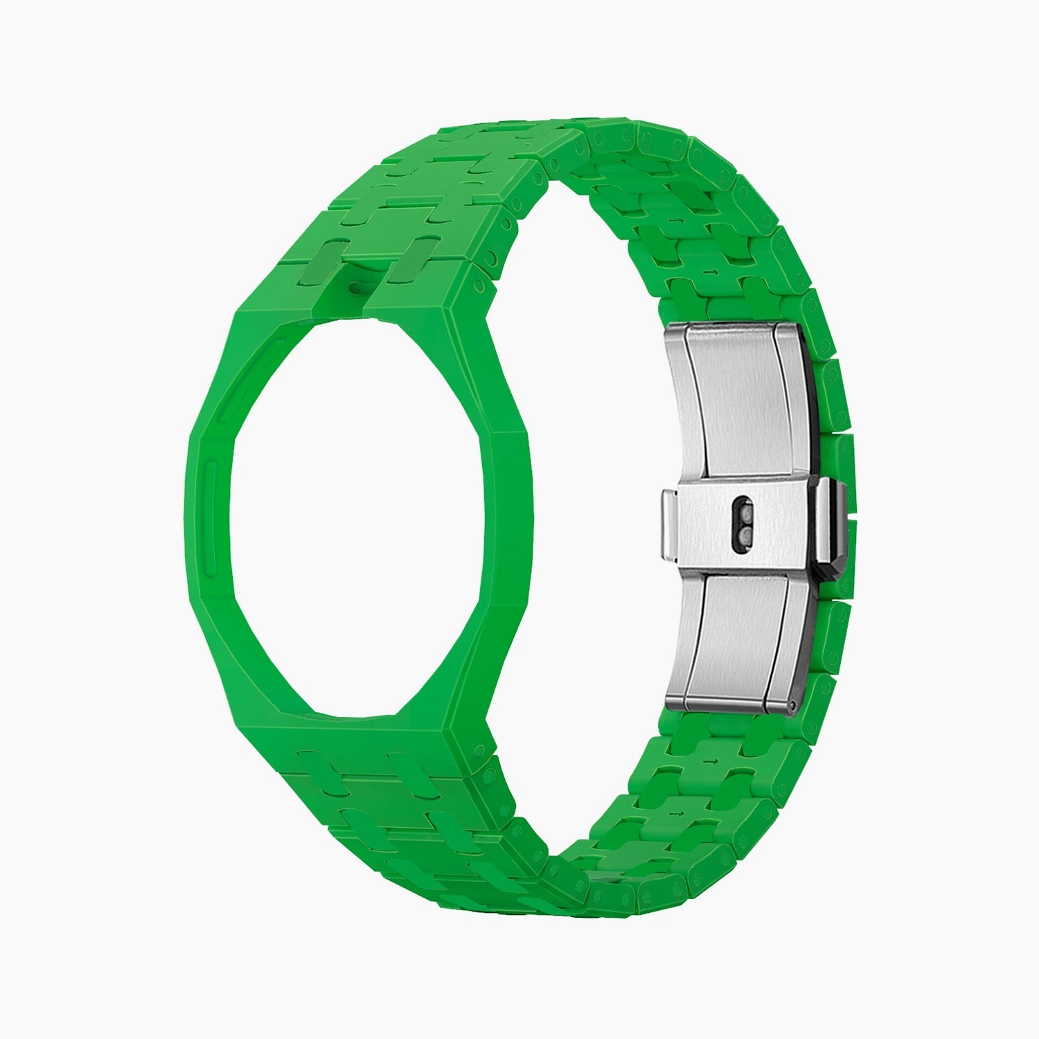 Green Eight Swatch × AP Royal Pop Ceramic Case-Strap — bare rich green ceramic bracelet with empty case bracket, side view, by IFL Watches