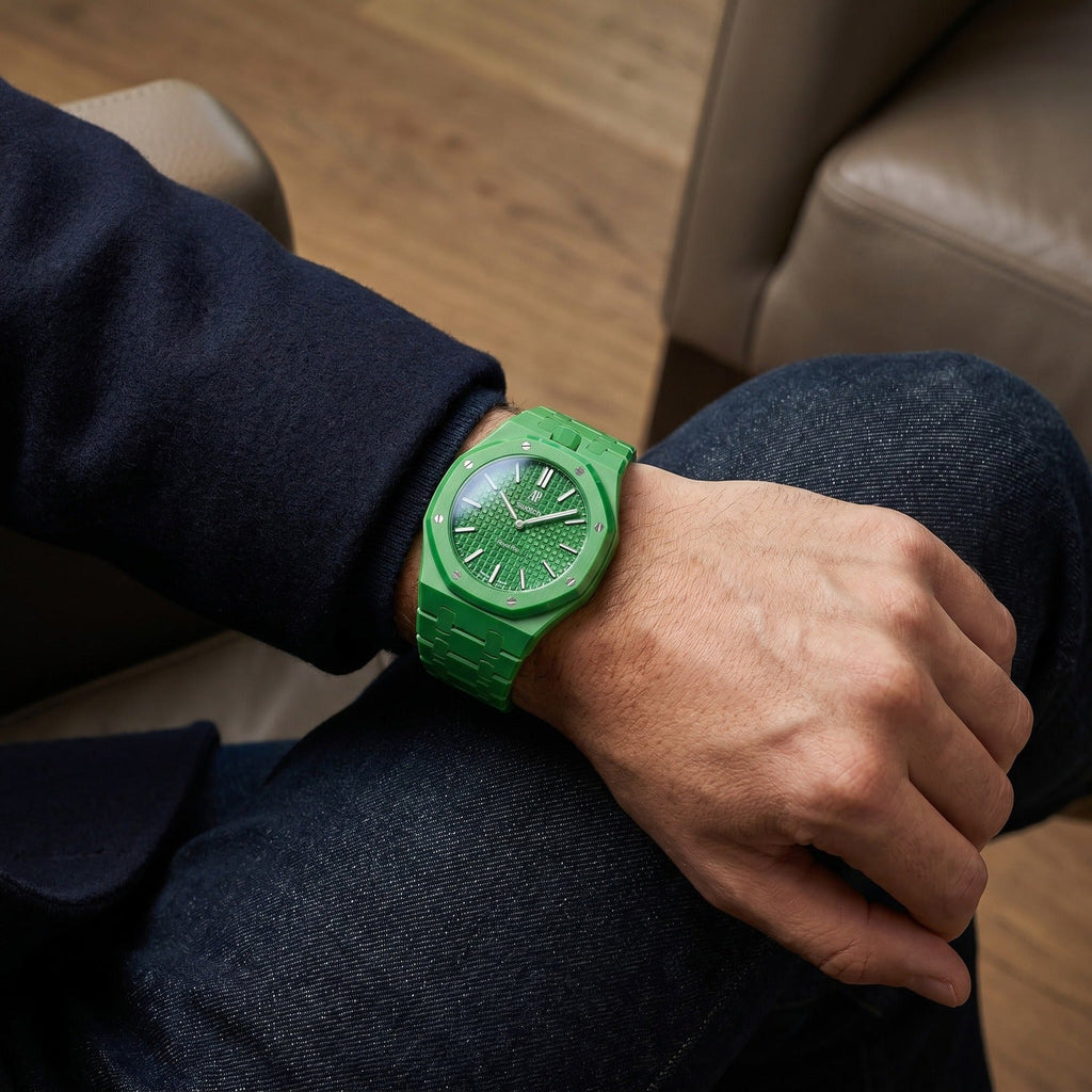 Green Eight Swatch × AP Royal Pop Ceramic Case-Strap — worn in a lounge scene, by IFL Watches