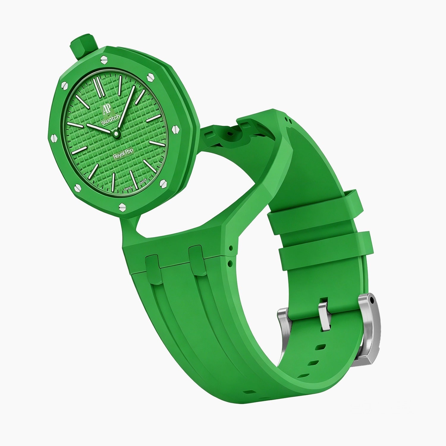 Green Eight Swatch × AP Royal Pop Rubber Case-Strap — the Royal Pop Green Eight seated in our rubber kit, three-quarter view, by IFL Watches