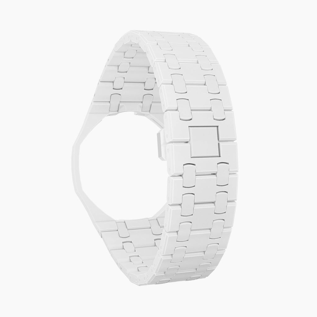 Huit Blanc Swatch × AP Royal Pop Ceramic Case-Strap — bare crisp white ceramic bracelet with empty case bracket, front view, by IFL Watches