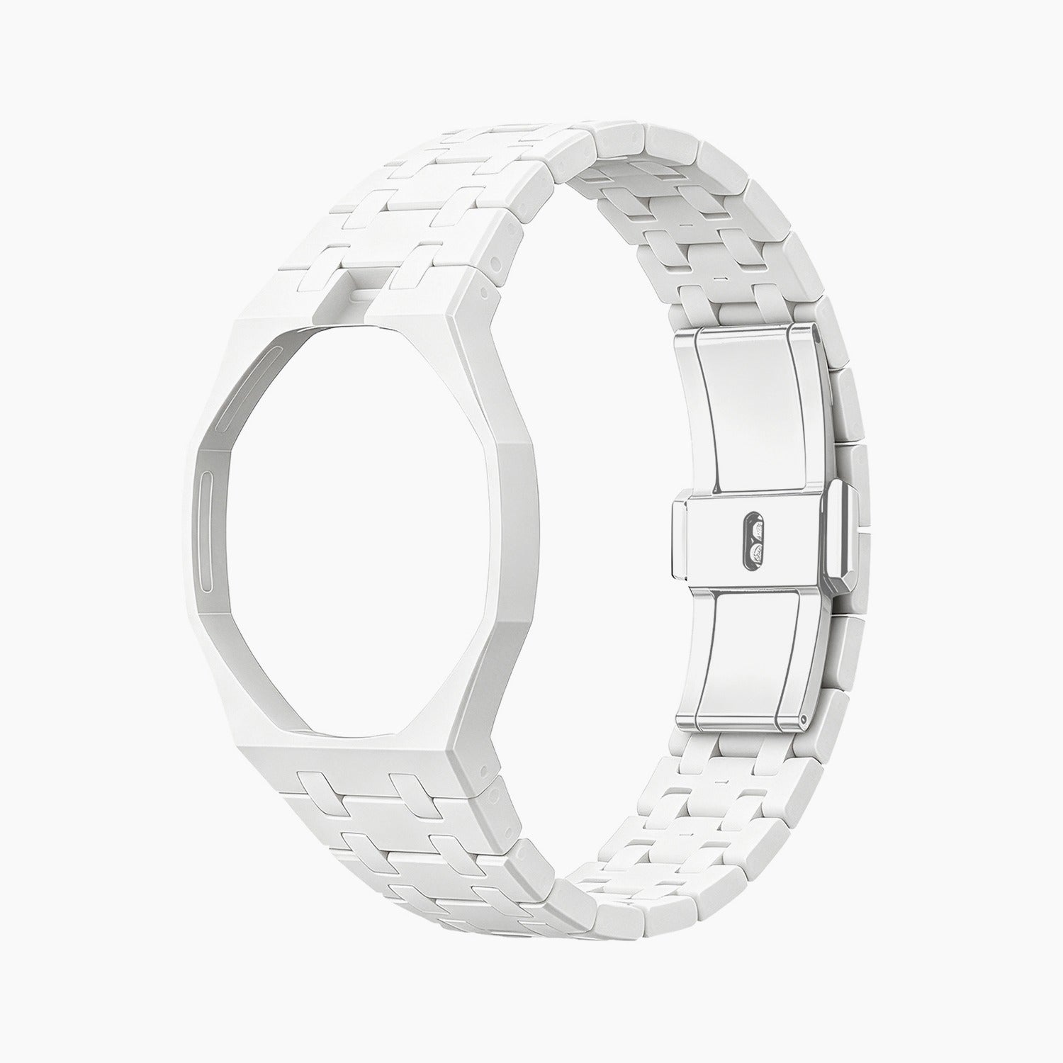 Huit Blanc Swatch × AP Royal Pop Ceramic Case-Strap — bare crisp white ceramic bracelet with empty case bracket, side view, by IFL Watches