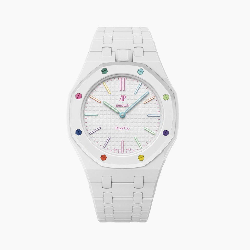 Huit Blanc Swatch × AP Royal Pop Ceramic Case-Strap — crisp white kit with the Royal Pop head seated in the case, by IFL Watches