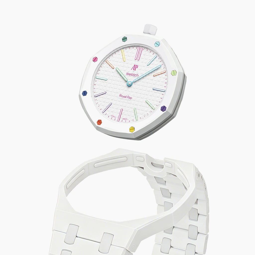 Huit Blanc Swatch × AP Royal Pop Ceramic Case-Strap — case and strap shown separately above the Royal Pop, by IFL Watches
