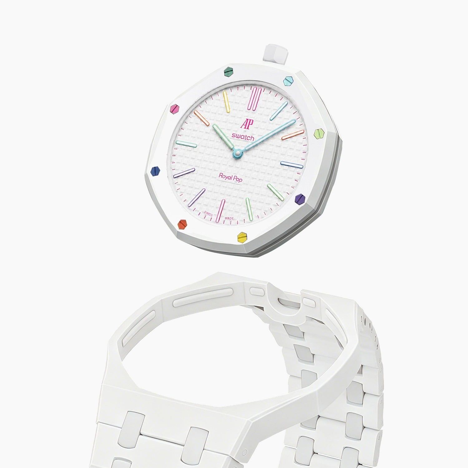 Huit Blanc Swatch × AP Royal Pop Ceramic Case-Strap — case and strap shown separately above the Royal Pop, by IFL Watches