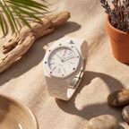 Huit Blanc Swatch × AP Royal Pop Ceramic Case-Strap — worn in a driftwood scene, by IFL Watches