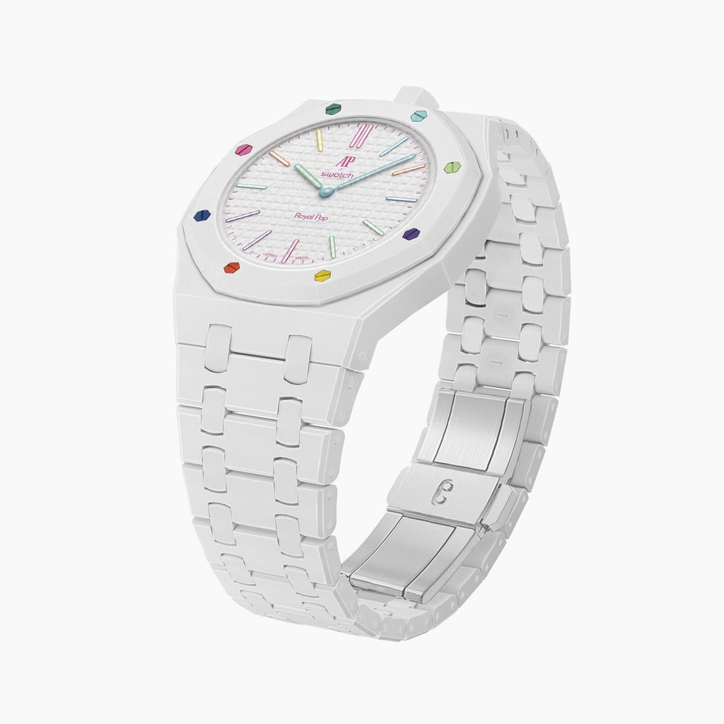 Huit Blanc Swatch × AP Royal Pop Ceramic Case-Strap — the Royal Pop Huit Blanc seated in our ceramic kit, three-quarter view, by IFL Watches