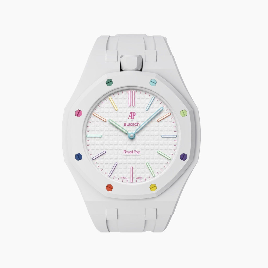 Huit Blanc Swatch × AP Royal Pop Rubber Case-Strap — crisp white kit with the Royal Pop head seated in the case, by IFL Watches