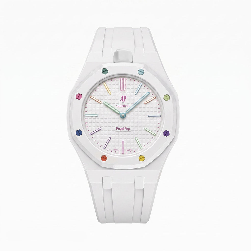 Huit Blanc Swatch × AP Royal Pop Rubber Case-Strap — crisp white kit with the Royal Pop head seated in the case, by IFL Watches