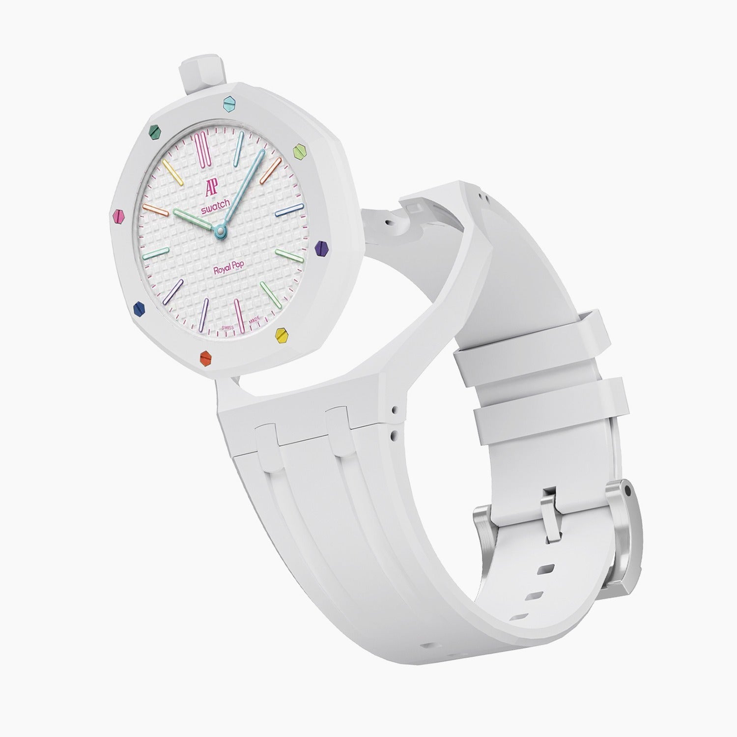 Huit Blanc Swatch × AP Royal Pop Rubber Case-Strap — case and strap shown separately above the Royal Pop, by IFL Watches
