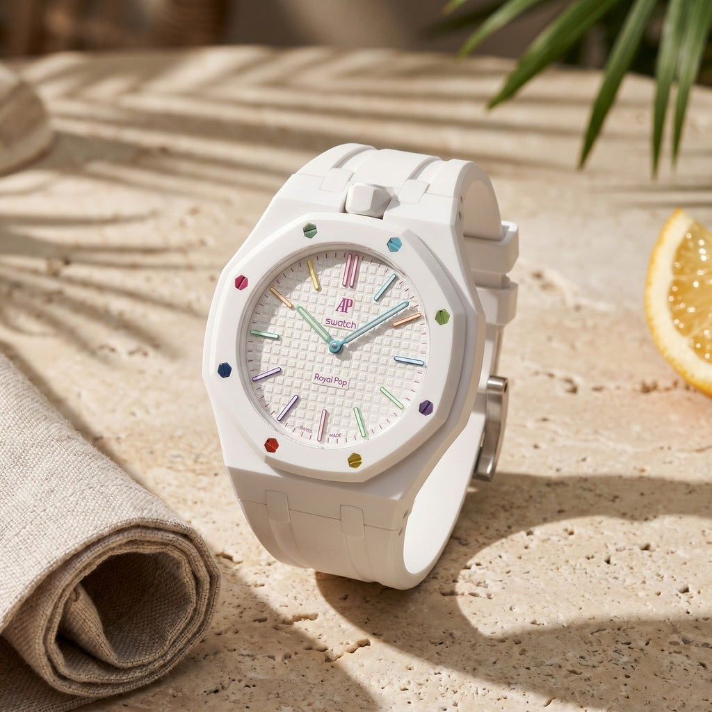 Huit Blanc Swatch × AP Royal Pop Rubber Case-Strap — worn in a mediterranean scene, by IFL Watches